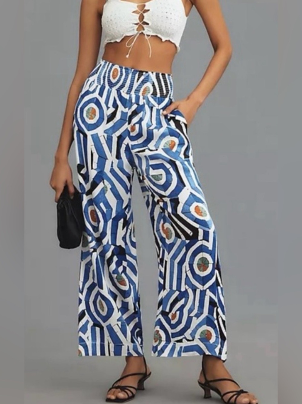 Anthropologie Blue & White Geometric Wide-Leg Pants